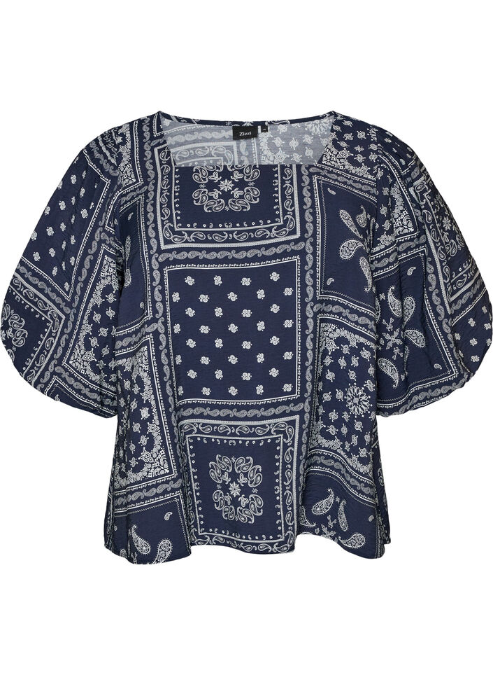 Viscose blouse met paisleymotief en ballonnenmouwen, Blauw, Packshot image number 0