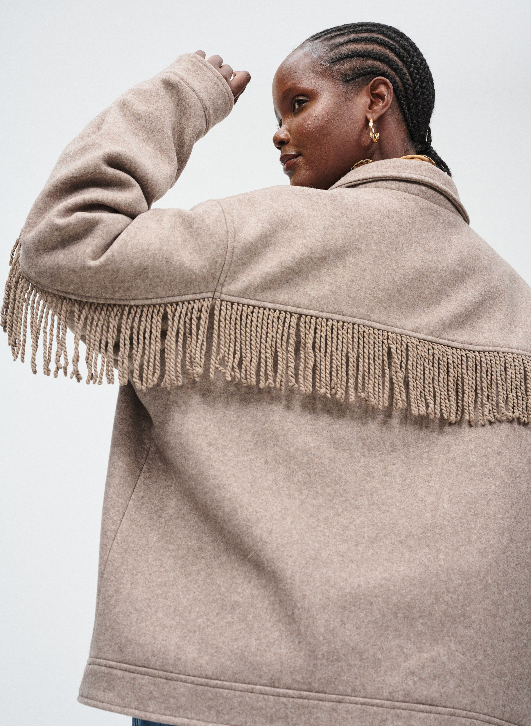 Zizzi Korte shirtjas met franjes, Beige, Image image number 0