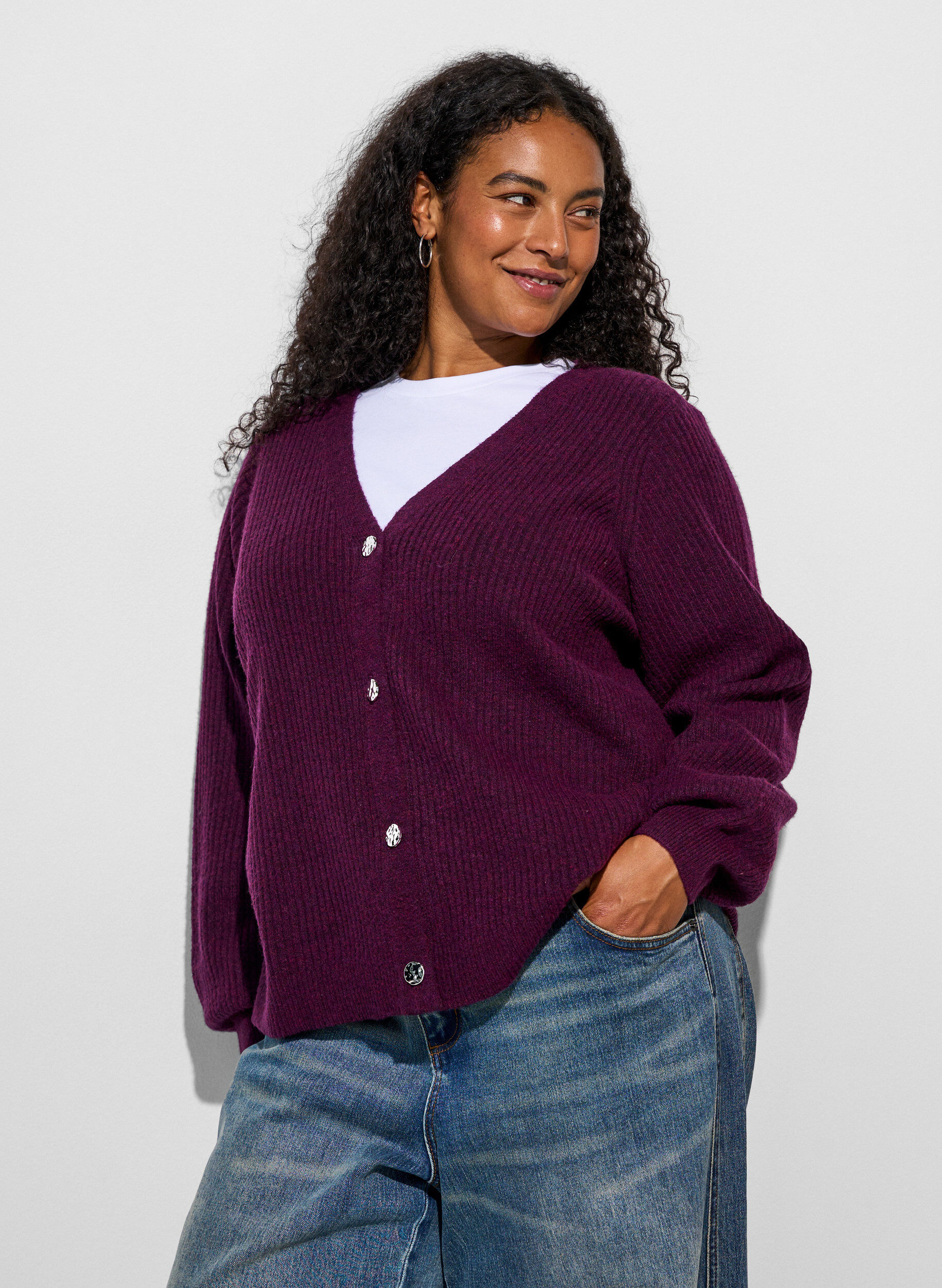 ZizziVest met V-hals en ribstructuur, Paars, Model image number 3