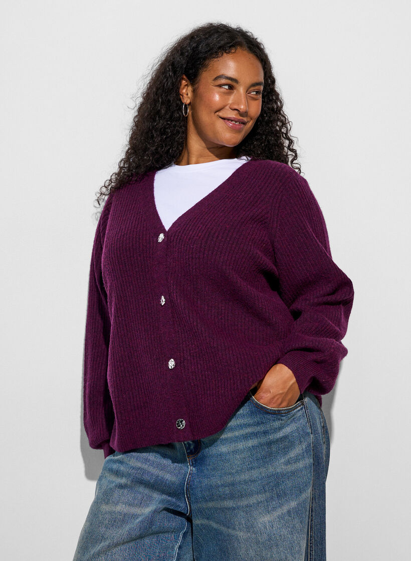 Vest met V-hals en ribstructuur, Paars, Model image number 3