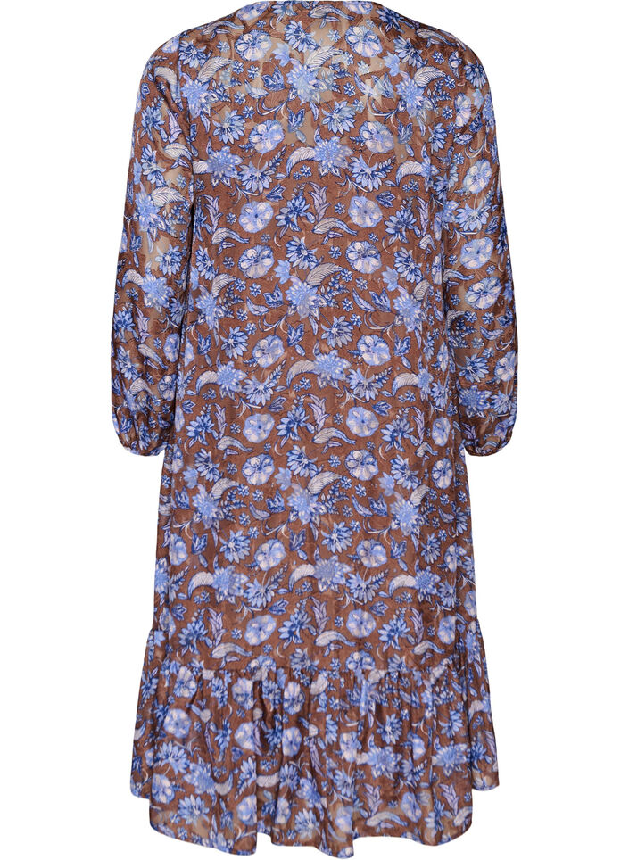 Midijurk met bloemenprint en ruchezoom, Bruin, Packshot image number 1