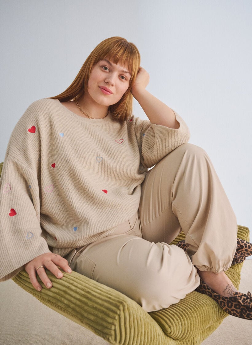 Gebreide blouse met hartjes en 3/4 mouwen, Beige, Image image number 0