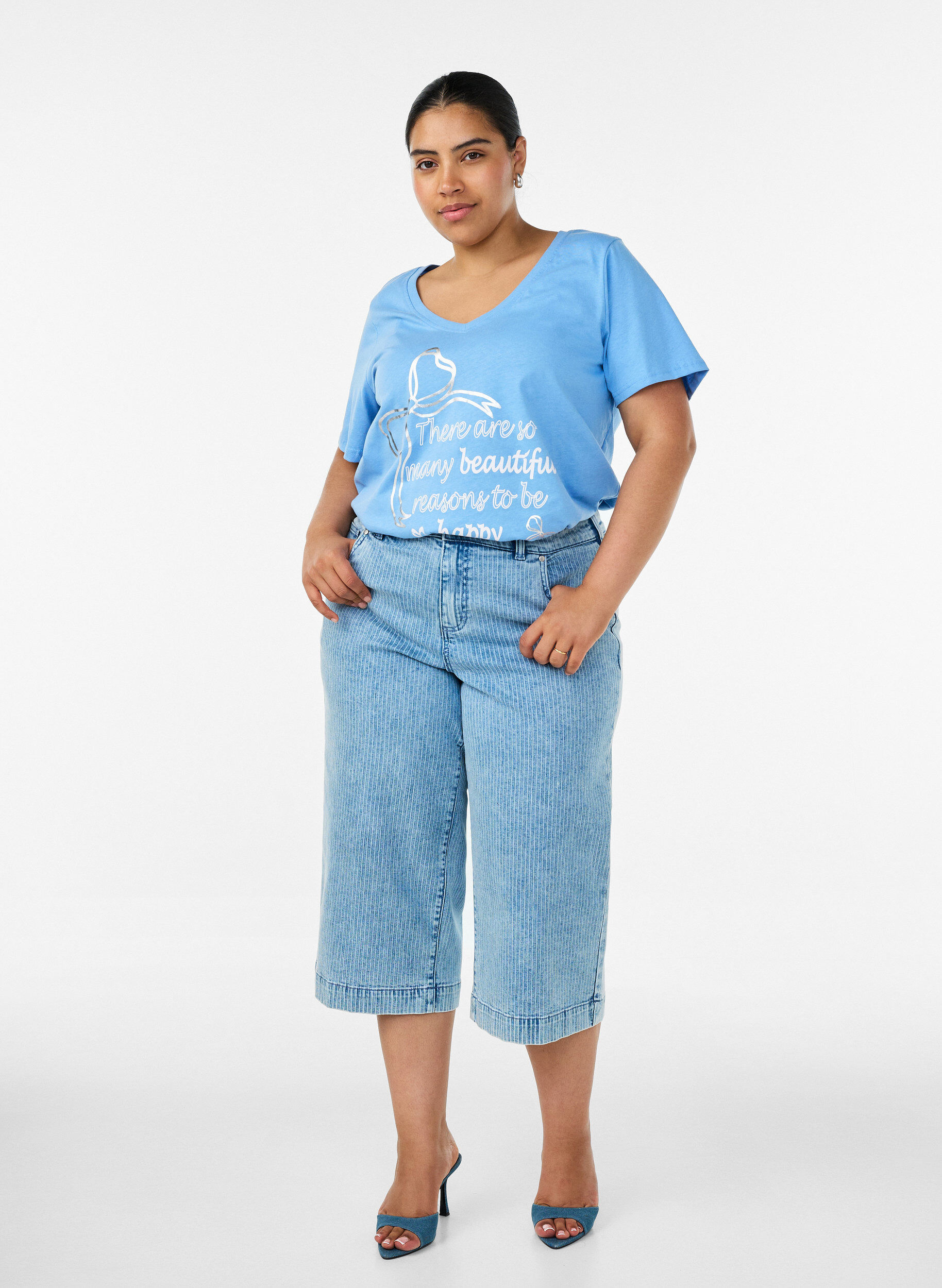 ZizziKatoenen T-shirt met V-hals en print aan de voorkant, Blauw, Model image number 1