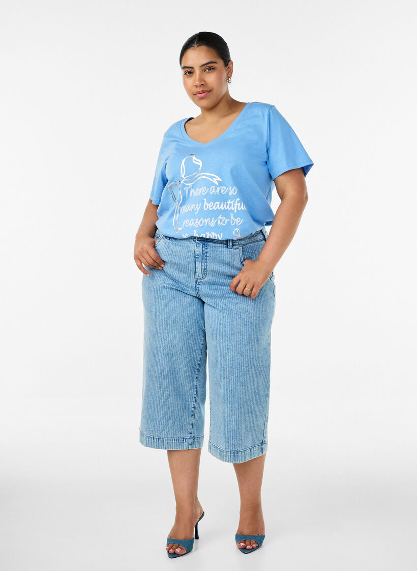 Katoenen T-shirt met V-hals en print aan de voorkant, Blauw, Model image number 1