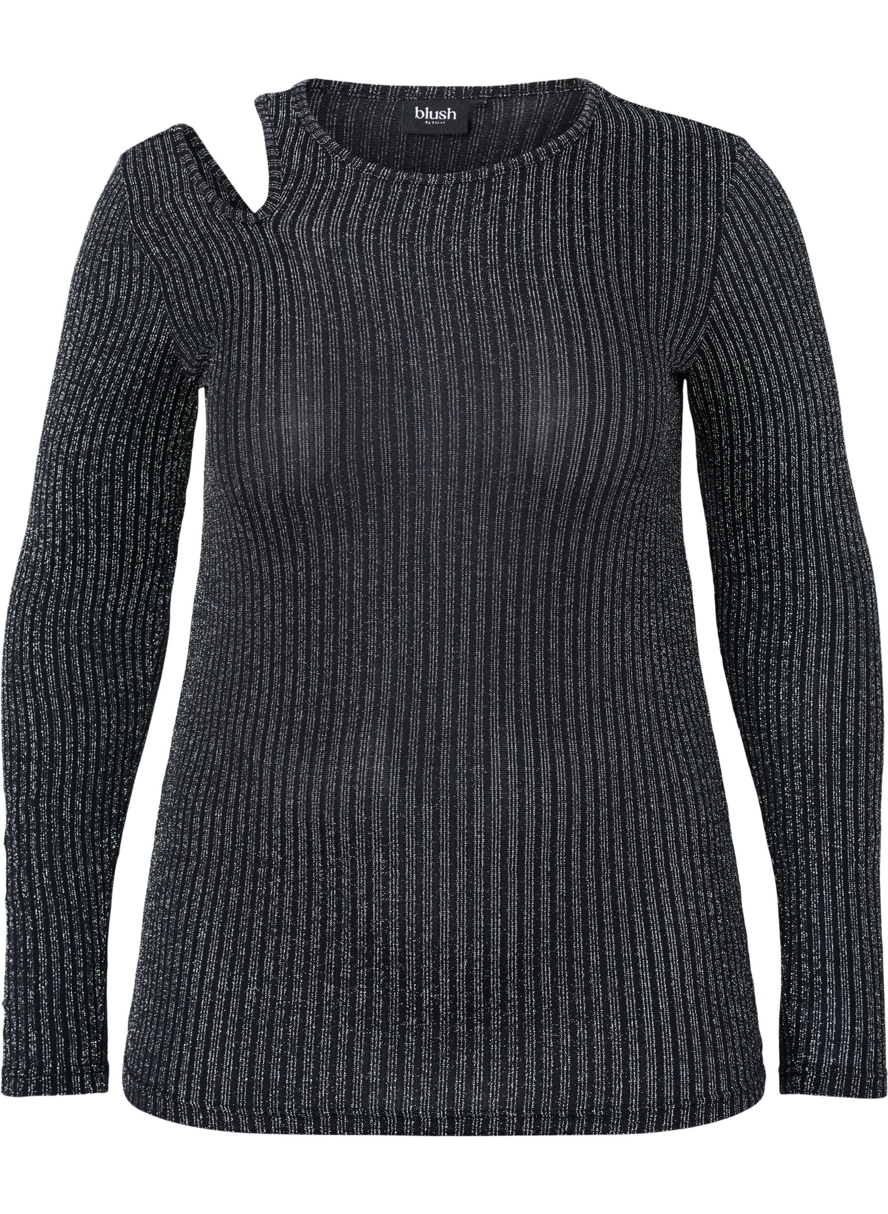 Zizzi Uitgesneden blouse met lange mouwen en glitter, B. w. Silver Stripes, Packshot image number 0