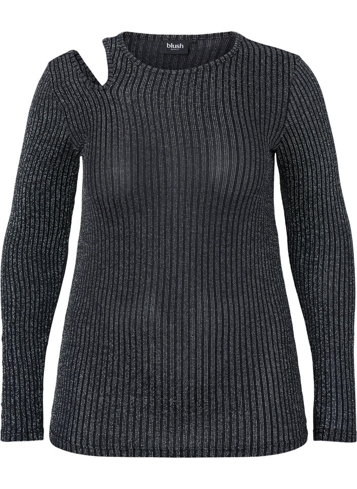 Uitgesneden blouse met lange mouwen en glitter, B. w. Silver Stripes, Packshot image number 0