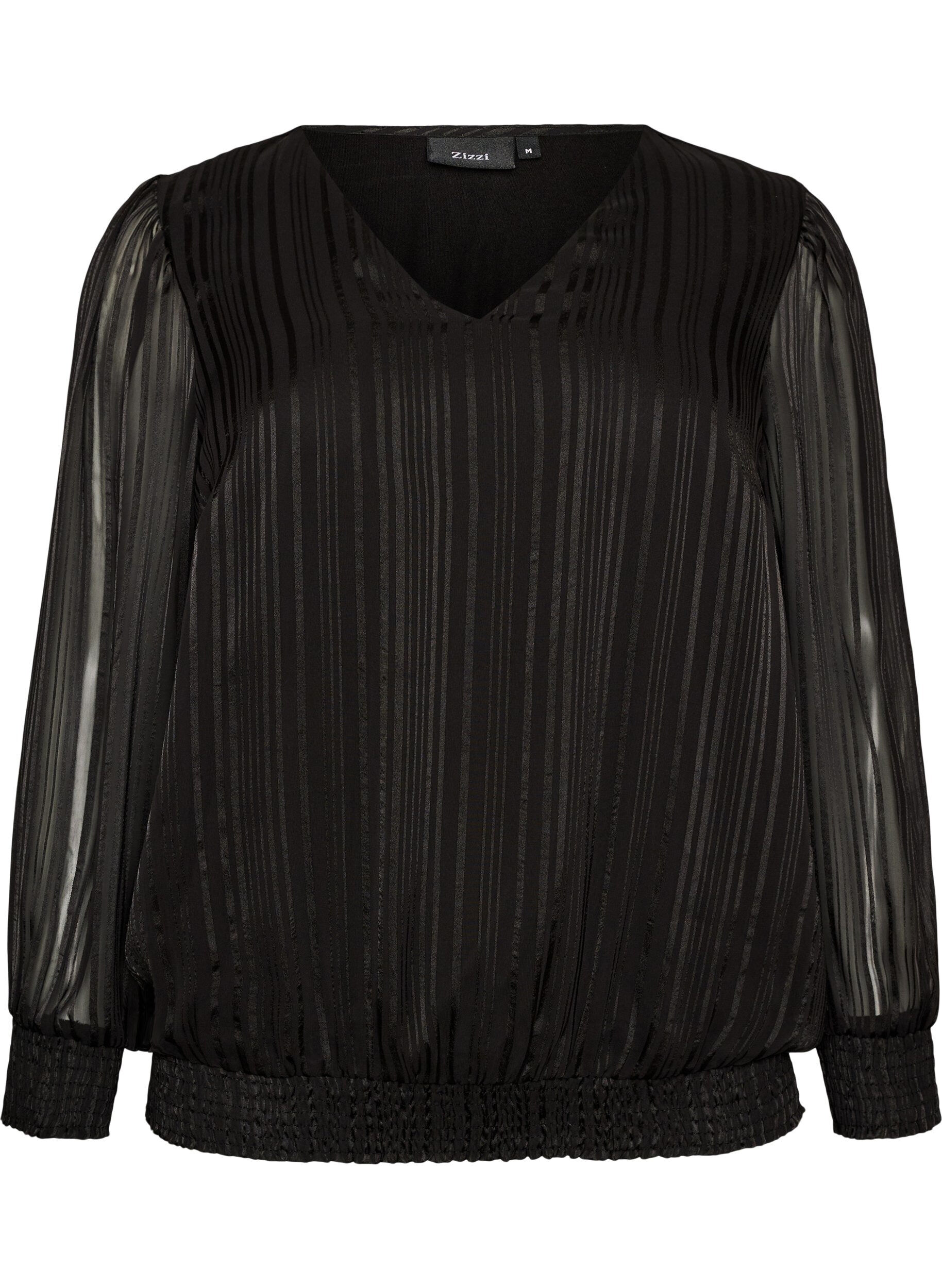 ZizziGestreepte blouse met ballonvorm, Zwart, Packshot image number 0