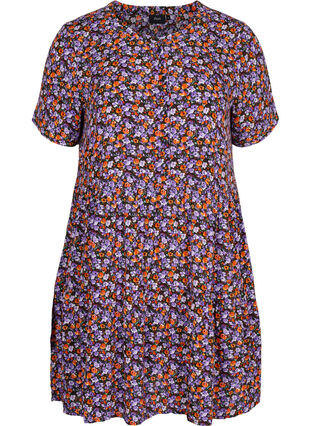 Viscose jurk met korte mouwen en a-lijn, Purple Ditsy Flower, Packshot image number 0
