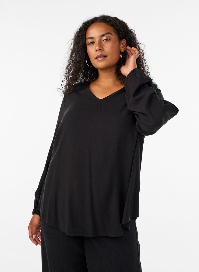 Viscose blouse met V-hals en lange mouwen, Zwart, Model image number 0
