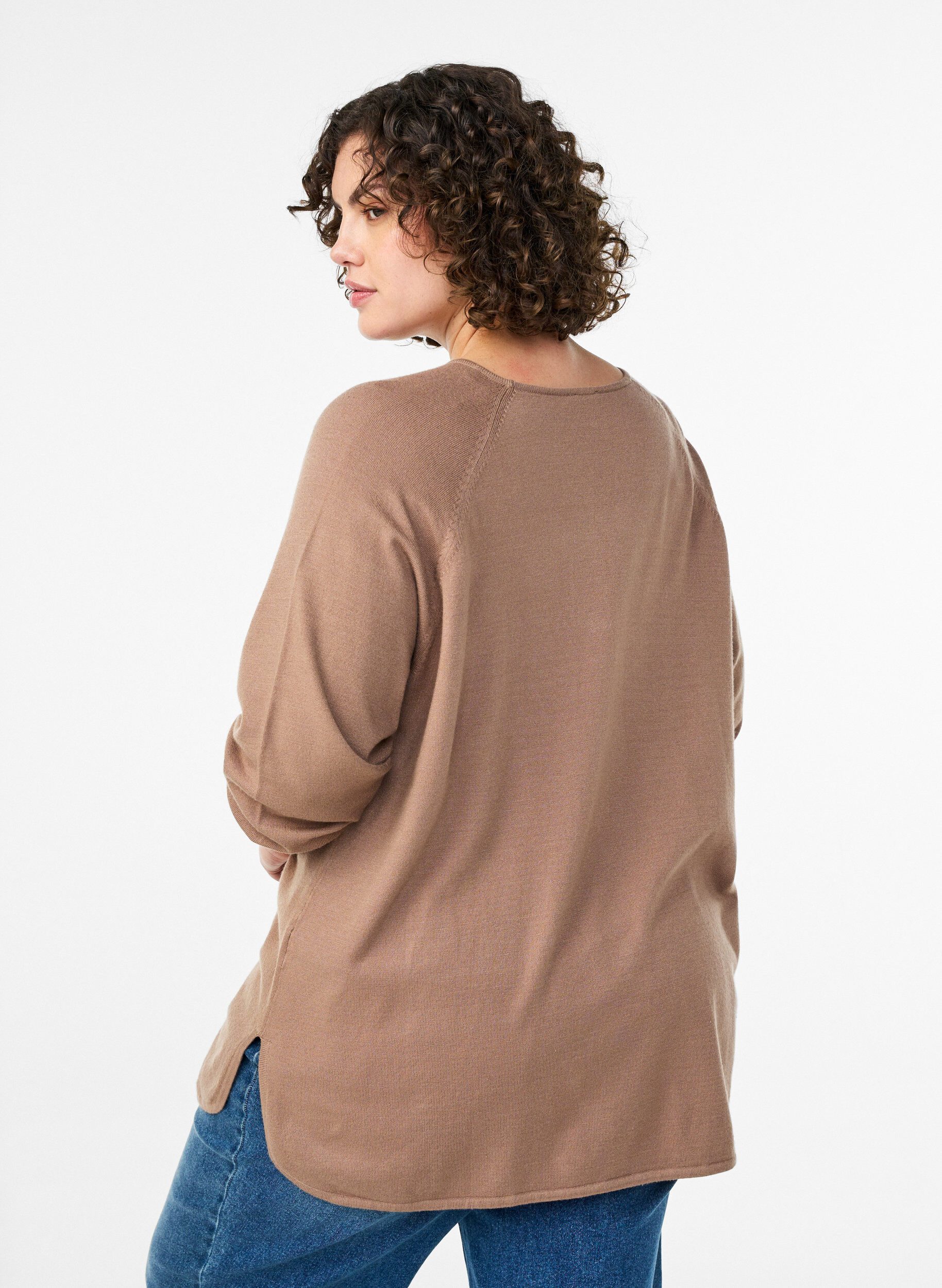 Zizzi Gebreide blouse met ronde hals en gebreid patroon, Bruin, Model image number 2