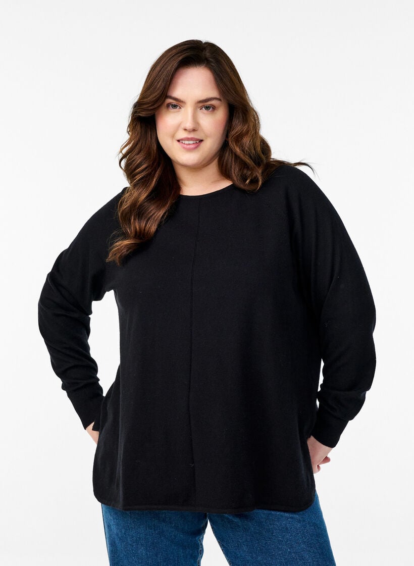 Gebreide blouse met ronde hals en gebreid patroon, Zwart, Model image number 0