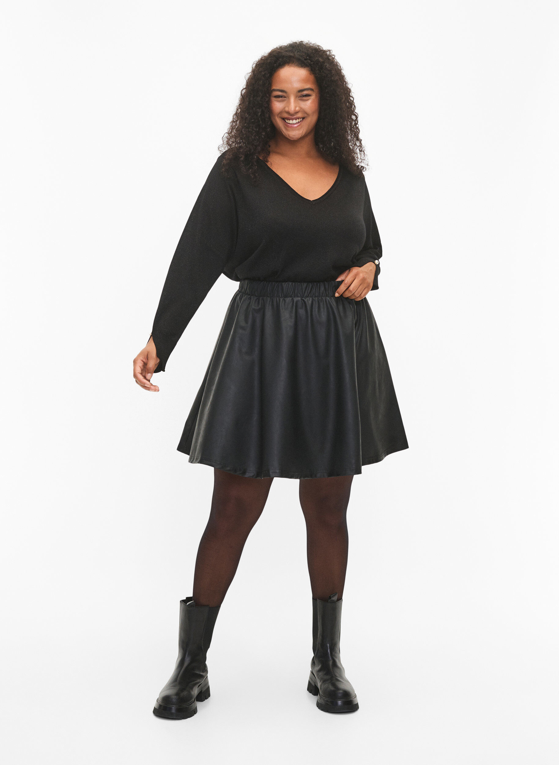 Zizzi Gebreide blouse van viscose met glitter, Black w. DTM Lurex, Model image number 3