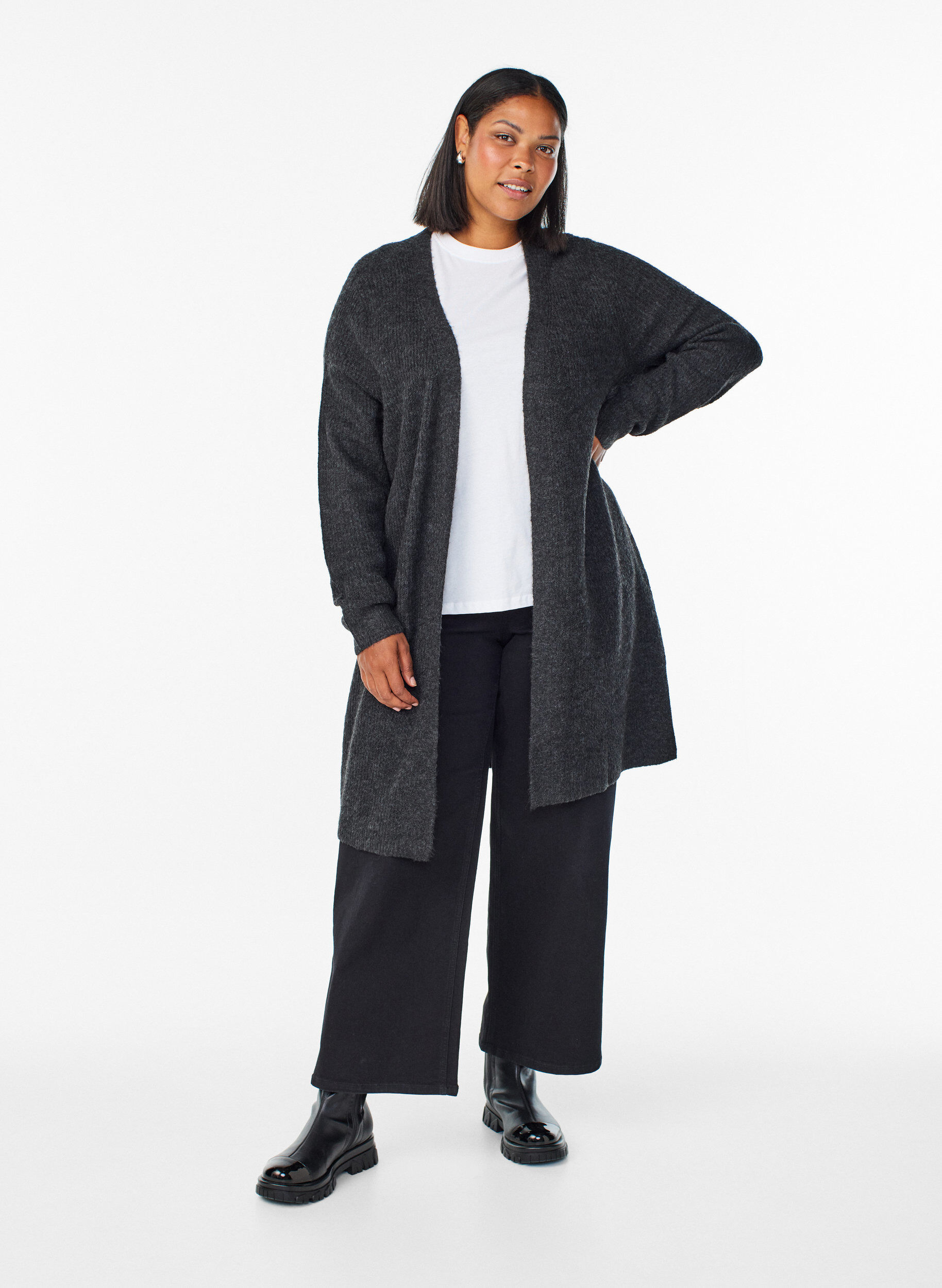 Zizzi Lange geribde cardigan met een open voorkant, Grijs, Model image number 1