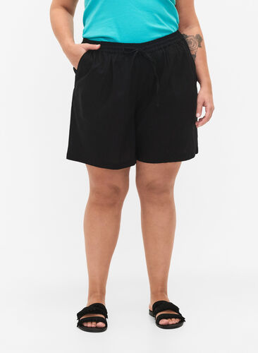 Losse shorts in katoenmix met linnen, Black, Model image number 2