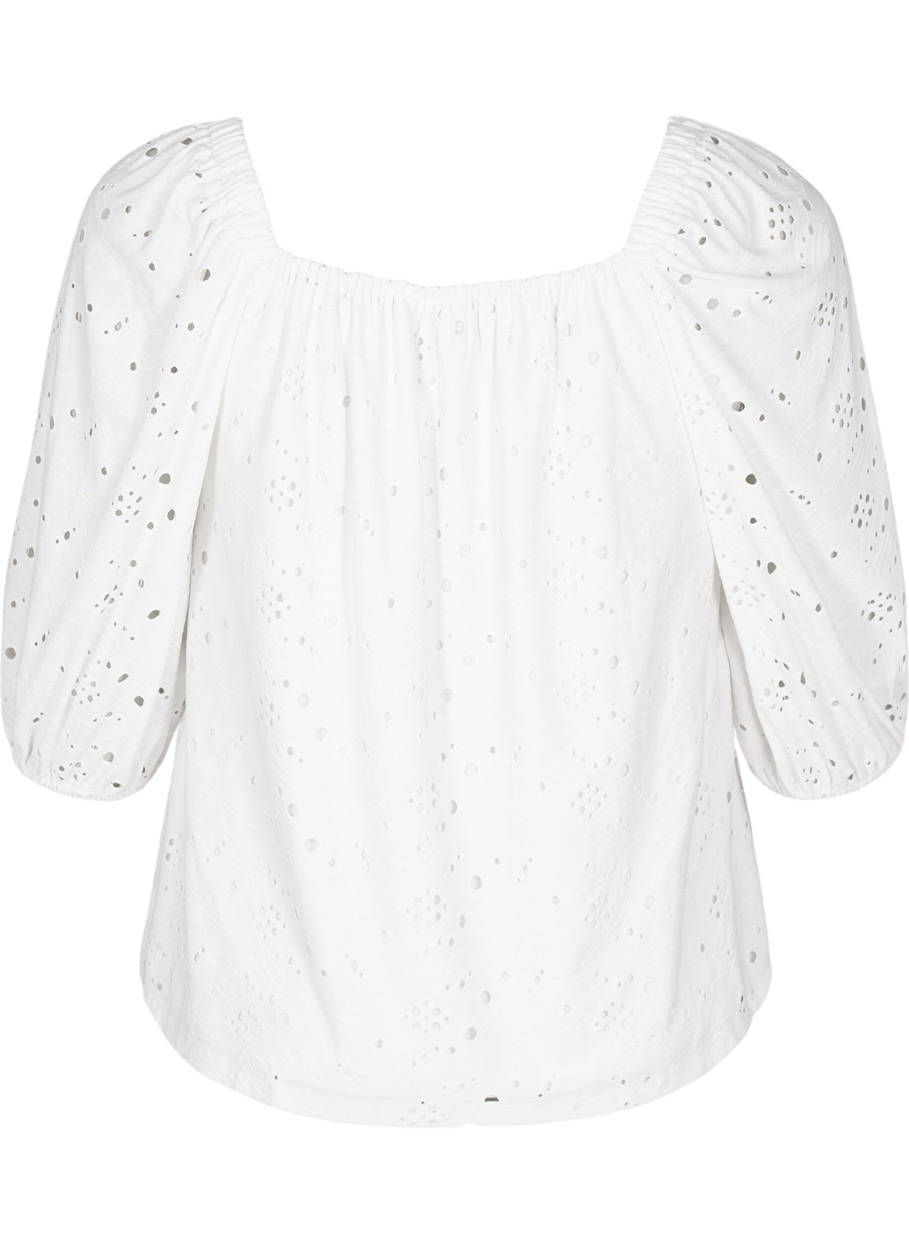 Zizzi Blouse met korte pofmouwen en een opengewerkt patroon, Wit, Packshot image number 1