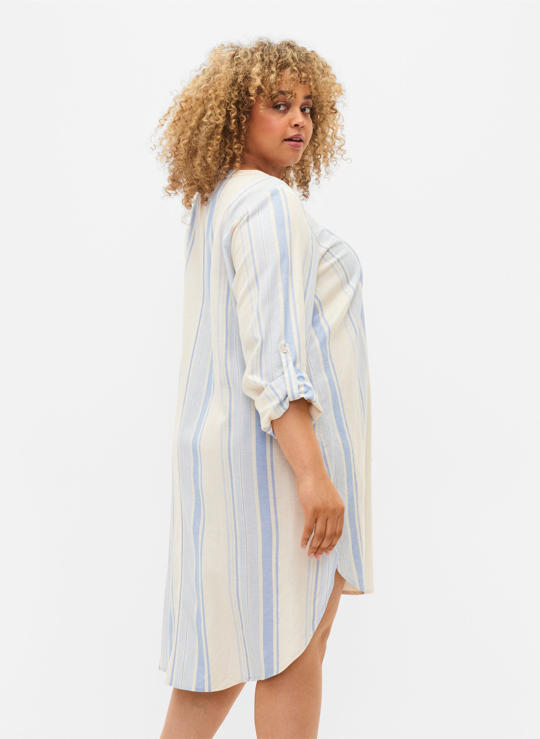 Zizzi Gestreepte jurk met lange mouwen, Birch w. Stripes, Model image number 1