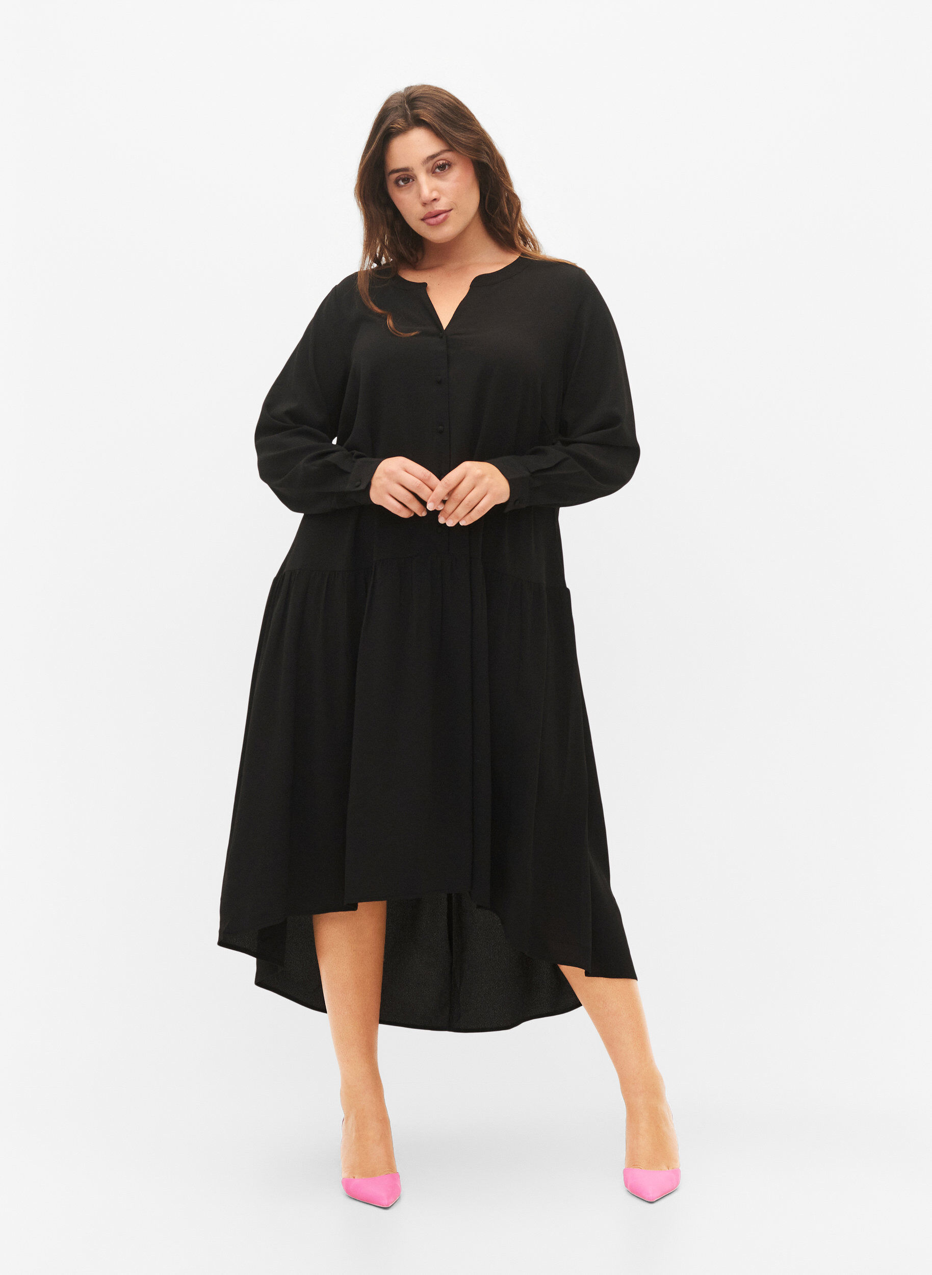Zizzi Midi jurk met lange mouwen, Black, Model image number 0