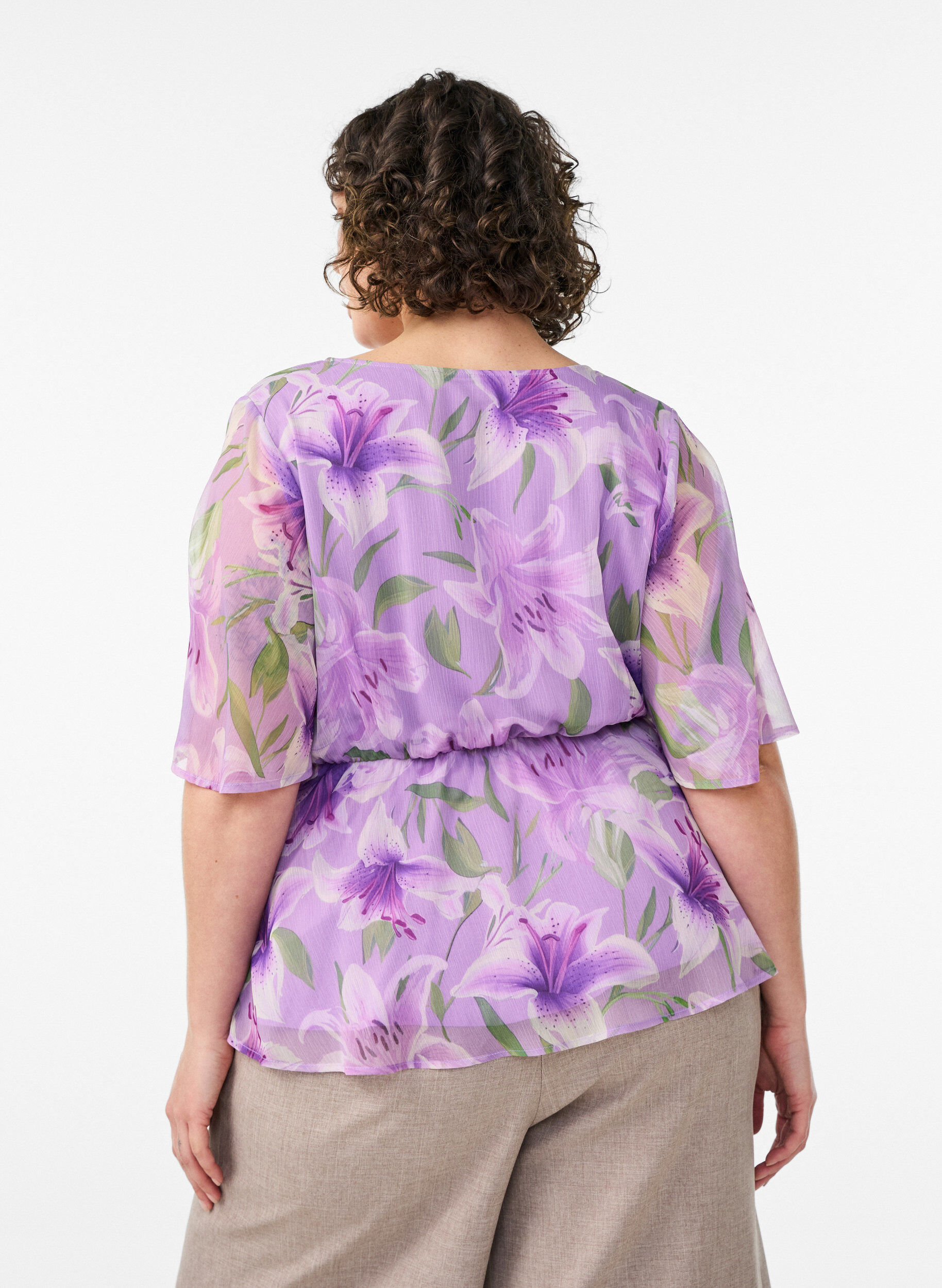 ZizziBloemen chiffon blouse met korte mouwen, Paars, Model image number 2