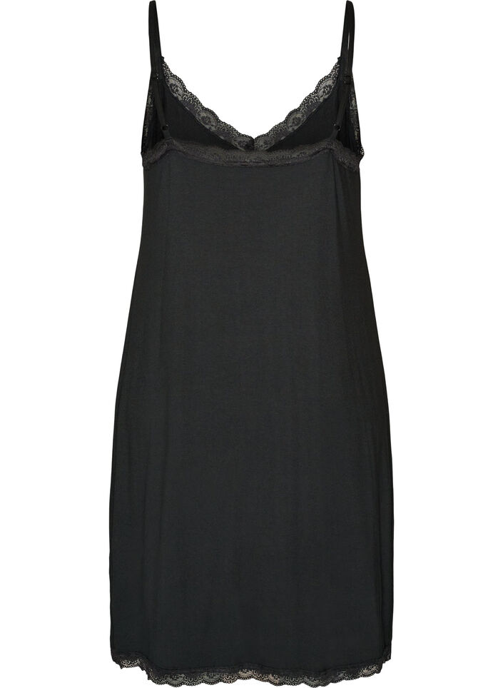 Viscose nachthemd met kant en splitten, Zwart, Packshot image number 1