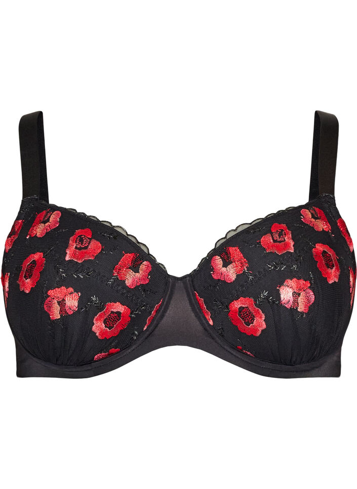 Voorgevormde beugel-bh met bloemenborduursel, Zwart, Packshot image number 0