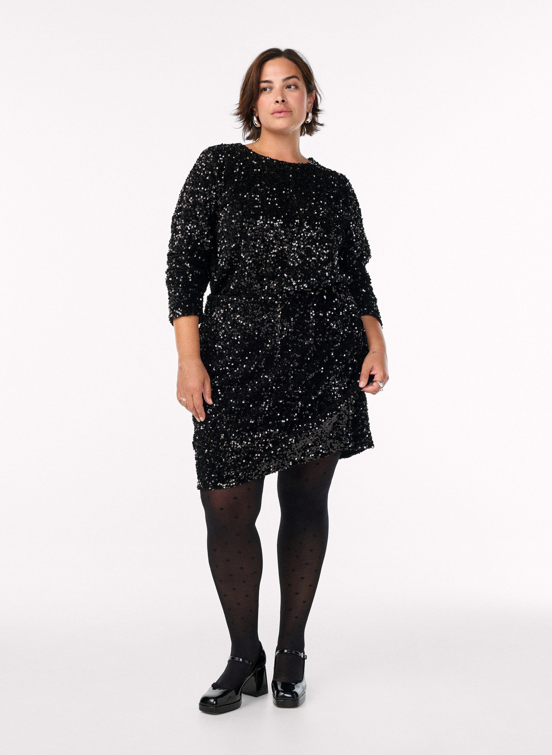 Zizzi Blouse met lange mouwen en pailletten, Zwart, Model image number 1