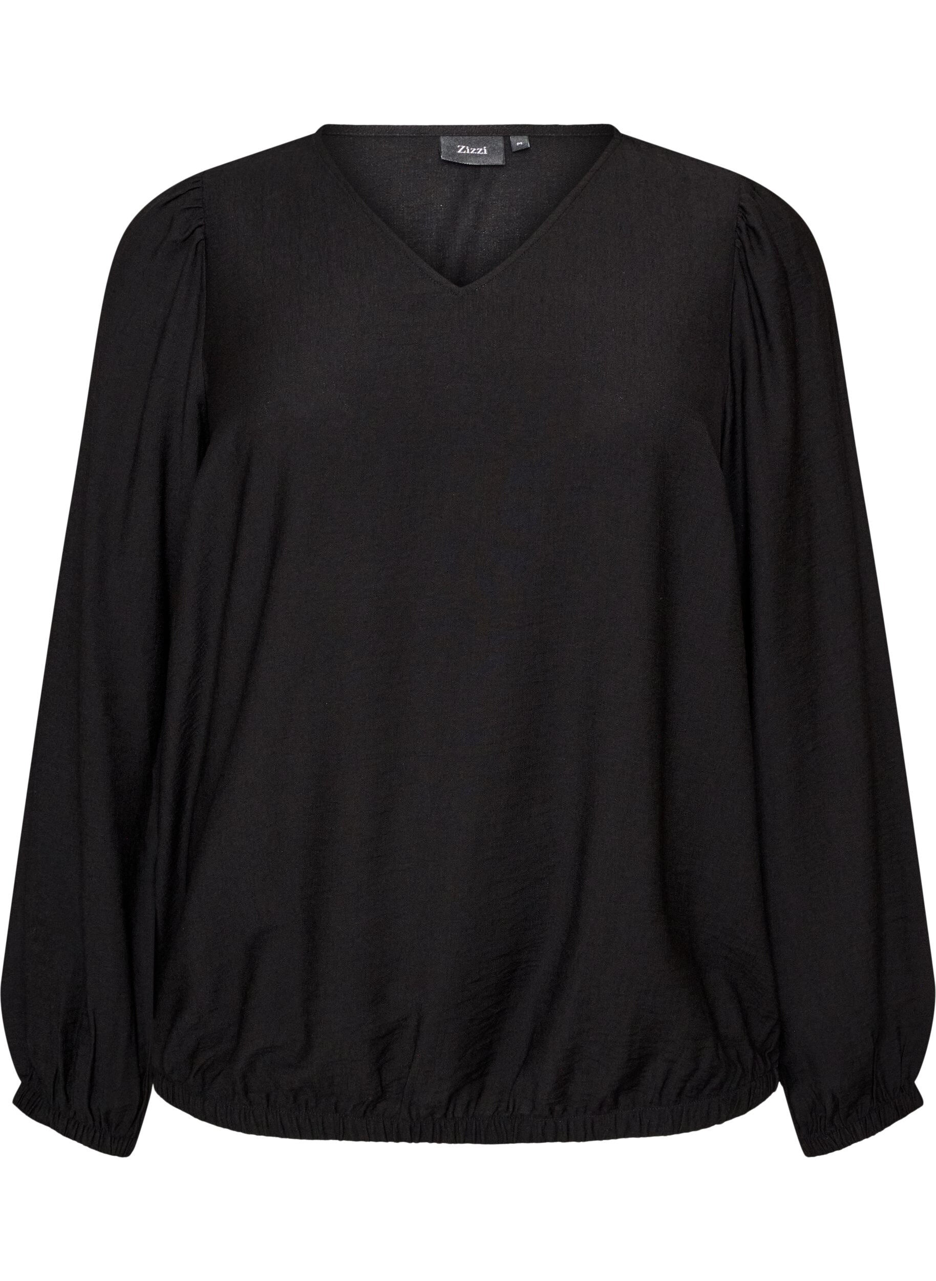 ZizziViscose blouse met V-hals en ballonvormig silhouet, Zwart, Packshot image number 0