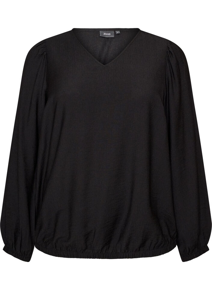 Viscose blouse met V-hals en ballonvormig silhouet, Zwart, Packshot image number 0
