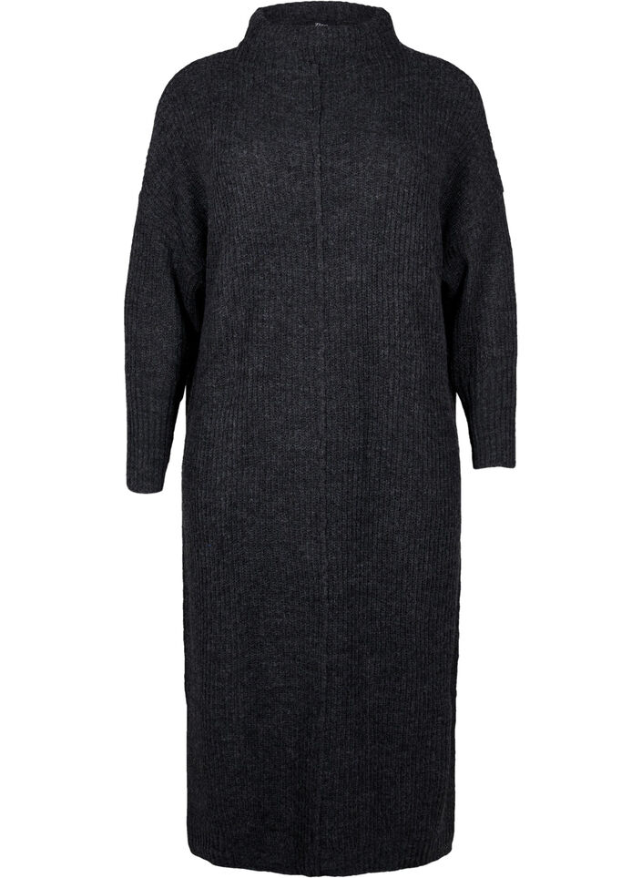 Lange oversized gebreide jurk met split, Grijs, Packshot image number 0