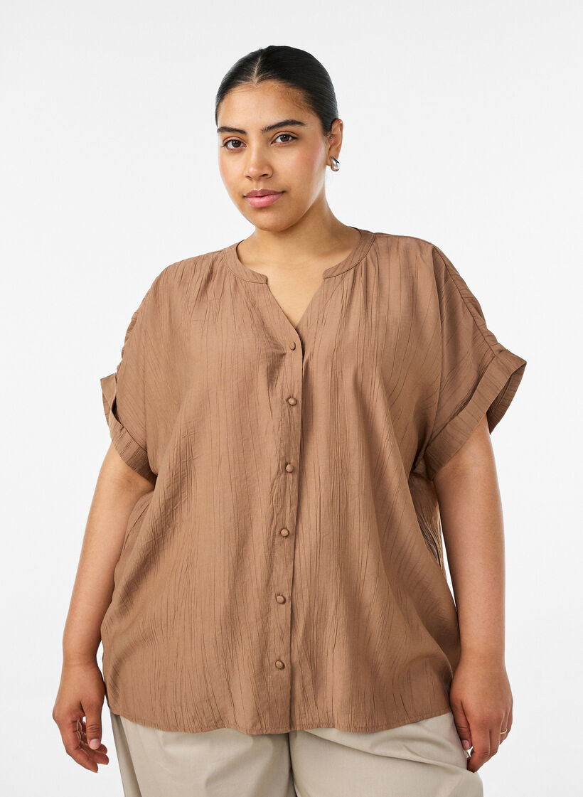 Viscose blouse met knoopjes en textuur, Bruin, Model image number 0