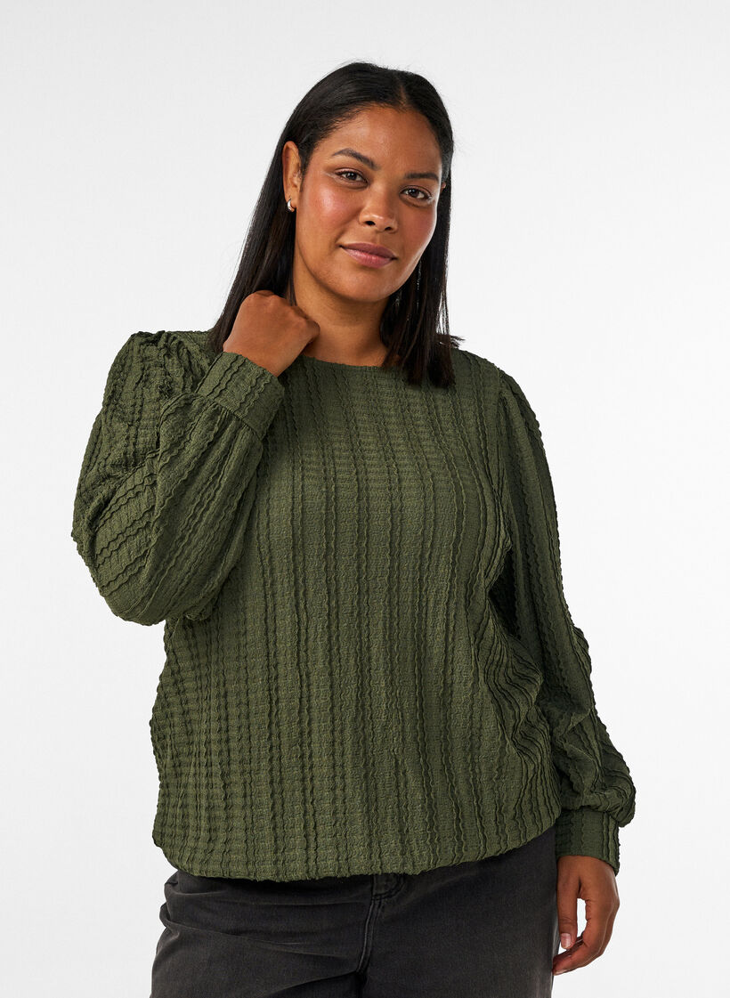 Jersey blouse met structuur en ballonsilhouet, Groen, Model image number 0