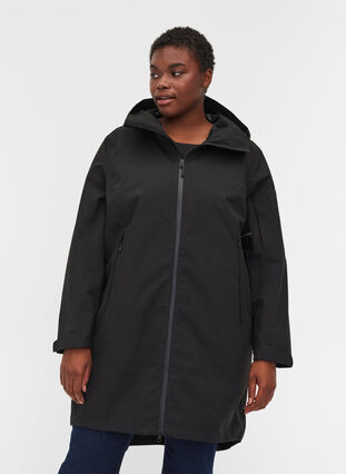 Lange shell jas met zakken en capuchon, Black w/Black, Model image number 0