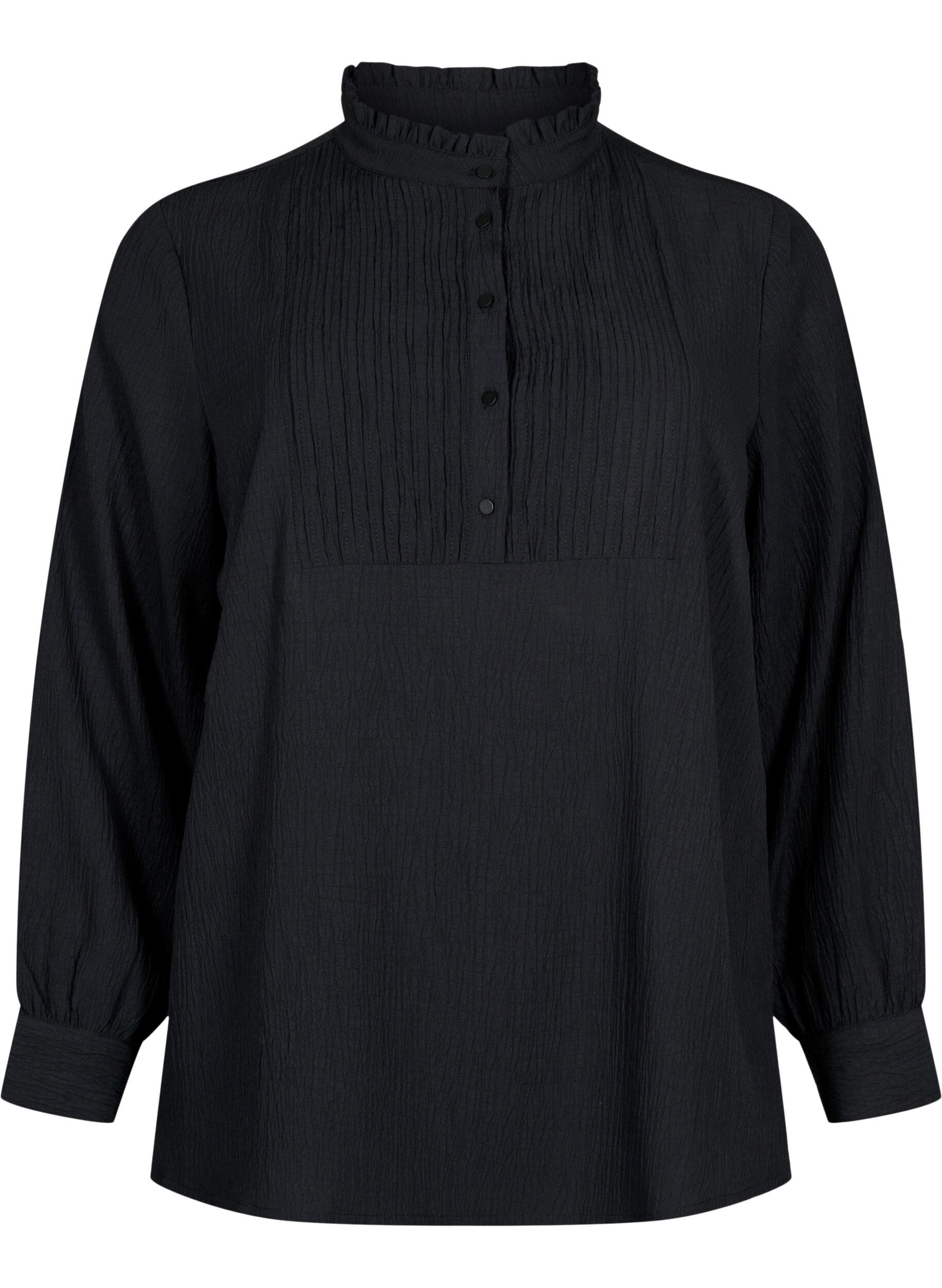 Zizzi Blouse met ruche kraag en lange mouwen, Black, Packshot image number 0