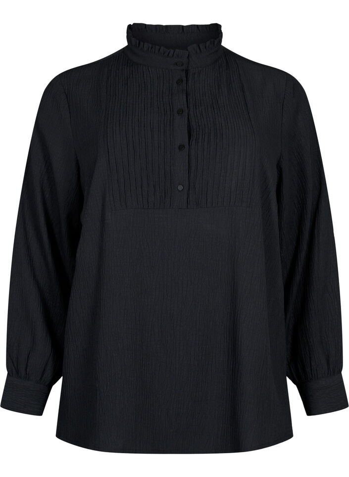 Blouse met ruche kraag en lange mouwen, Black, Packshot image number 0
