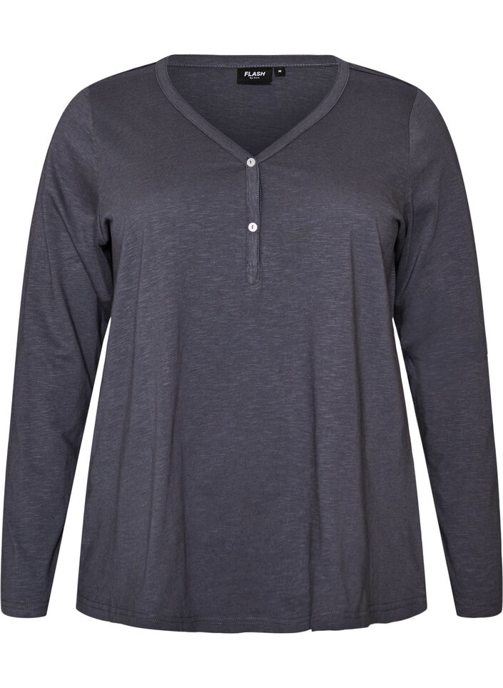 T-shirt met lange mouwen, V-hals en knopen, Grijs, Packshot image number 0