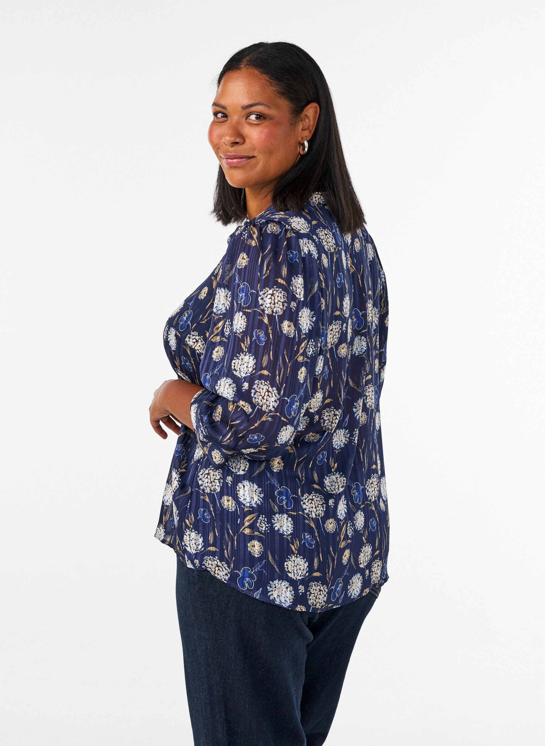 ZizziBlouse met patroon, opstaande kraag en 3/4-mouwen, Blauw, Model image number 2