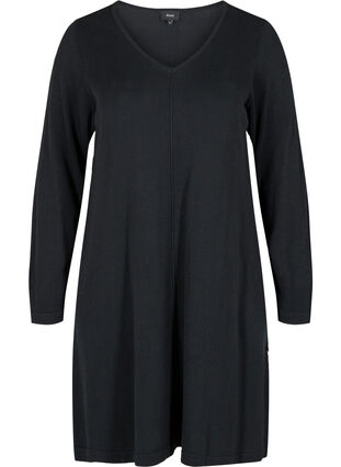 Gebreide jurk met v-hals van katoenmix, Black, Packshot image number 0