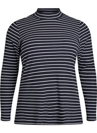 Geribde gestreepte jersey blouse met een hoge hals, Zwart