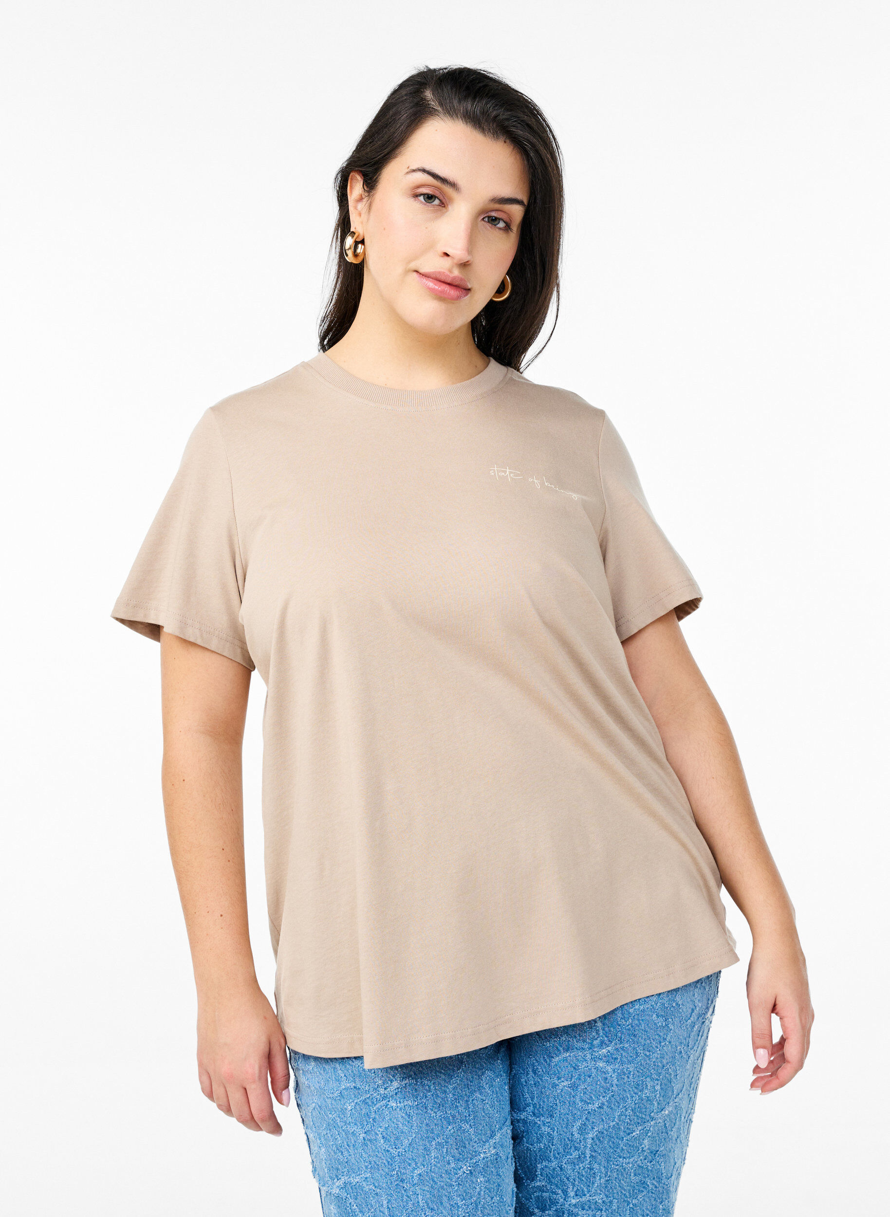 Zizzi Basic katoenen T-shirt met ronde hals, Bruin, Model image number 0