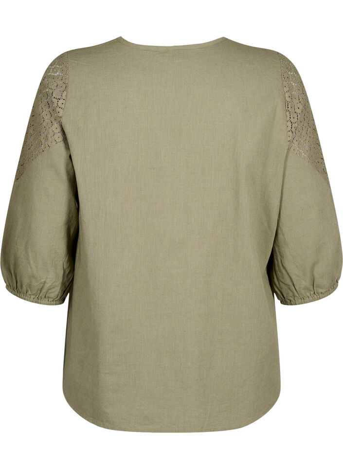 Blouse van katoenmix met linnen en gehaakt detail, Deep Lichen Green, Packshot image number 1