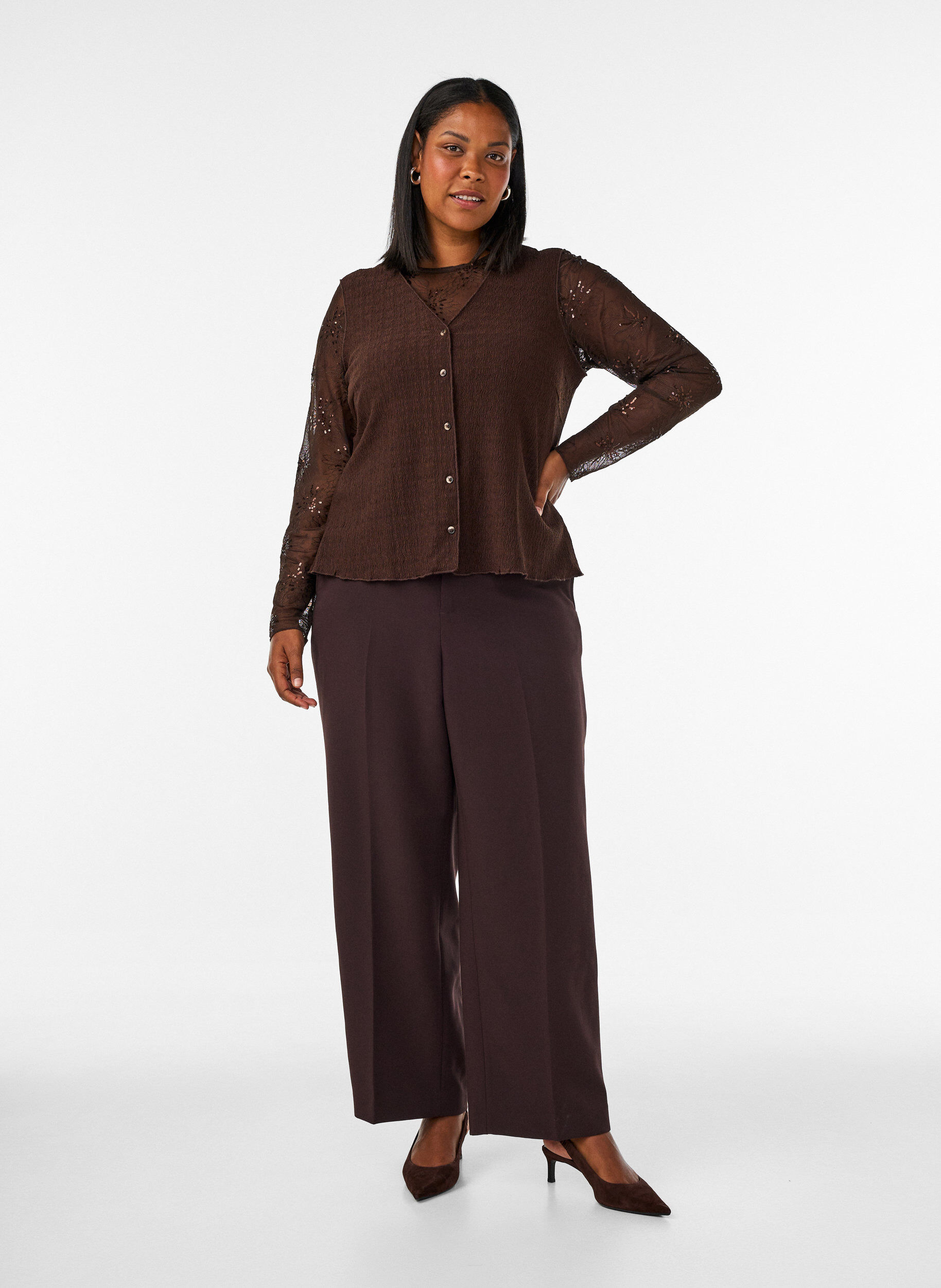 ZizziMesh blouse met bloemen en pailletten, Bruin, Model image number 1