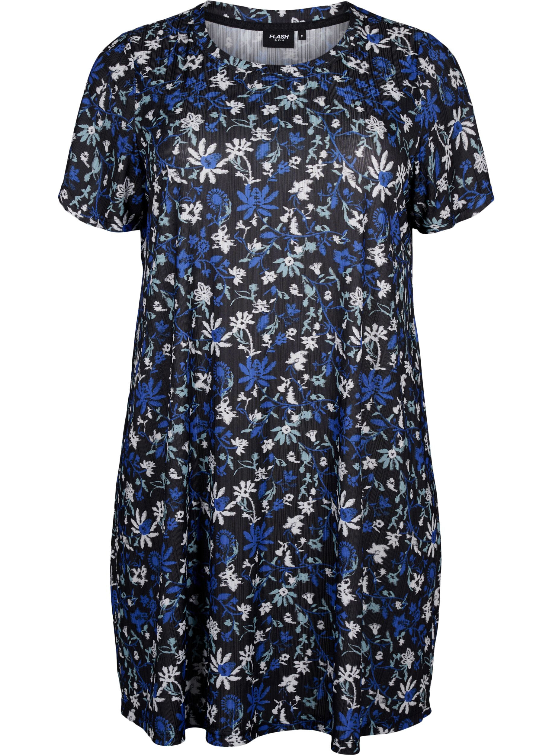 Zizzi FLASH - Jurk met bloemenprint en korte mouwen, Black Blue Green AOP, Packshot image number 0