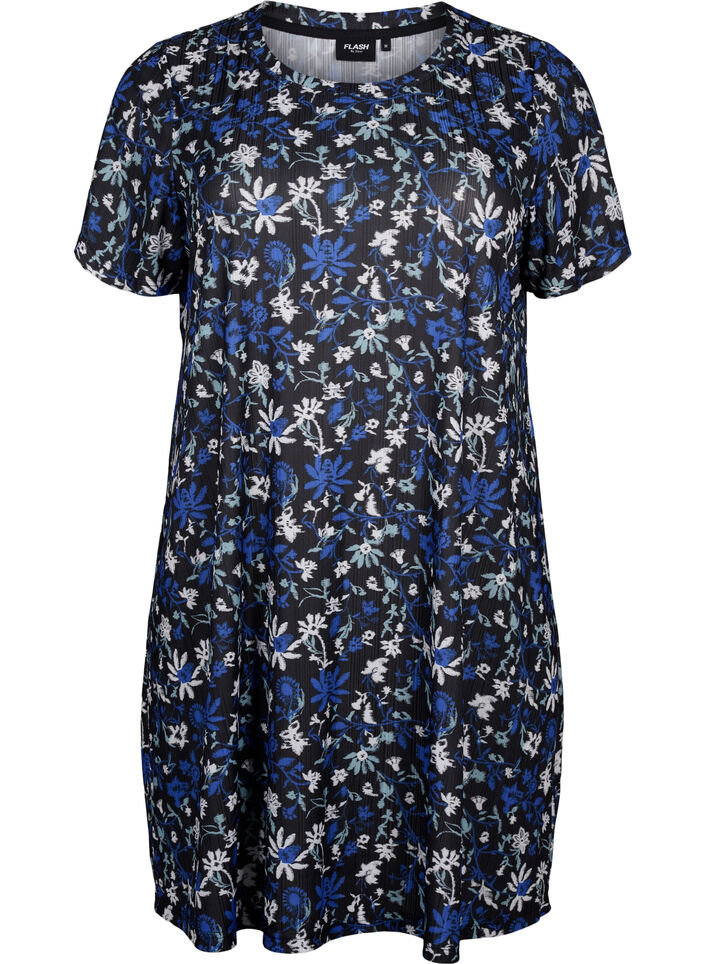 FLASH - Jurk met bloemenprint en korte mouwen, Black Blue Green AOP, Packshot image number 0