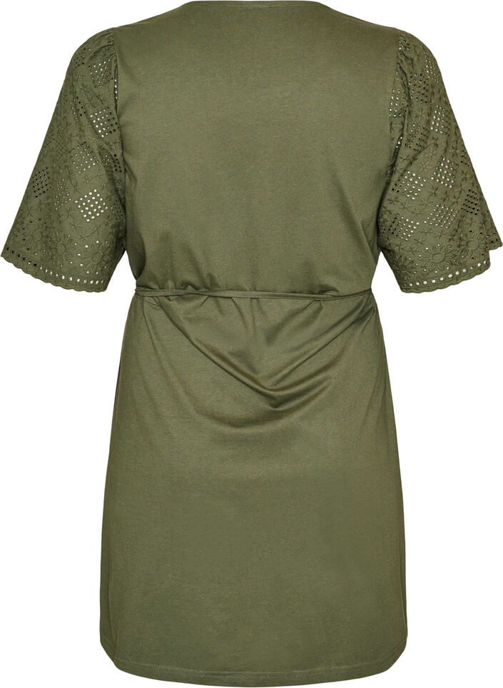 Katoenen jurk met broderie anglaise mouwen en een strik in de taille, Groen, Packshot image number 1