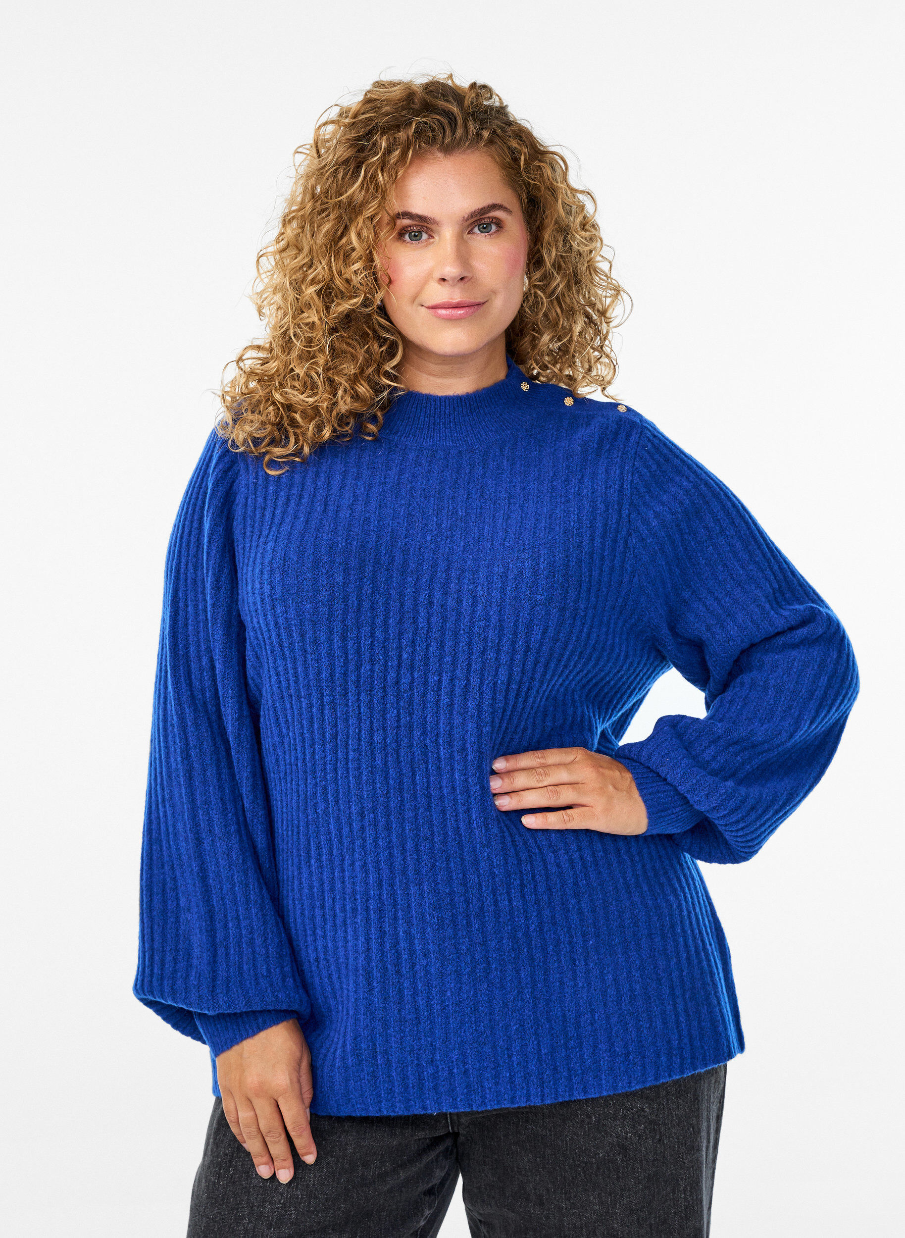 ZizziGeribde trui met pofmouwen en knopen, Blauw, Model image number 0