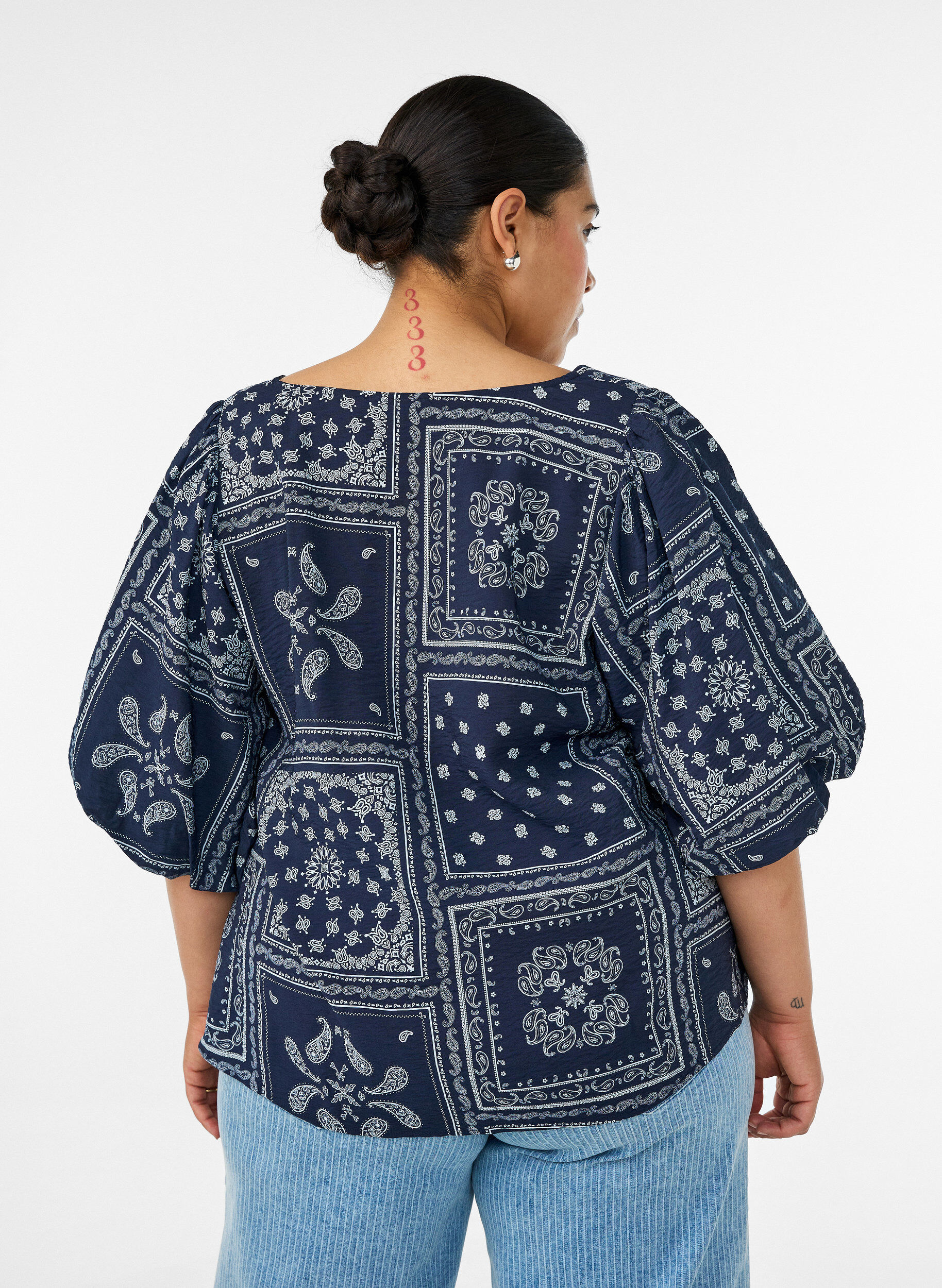 ZizziViscose blouse met paisleymotief en ballonnenmouwen, Blauw, Model image number 2