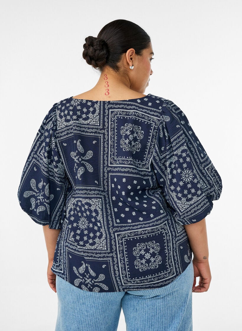 Viscose blouse met paisleymotief en ballonnenmouwen, Blauw, Model image number 2