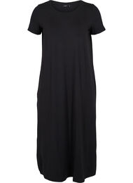 Gestreepte midi-jurk met korte mouwen, Black Solid