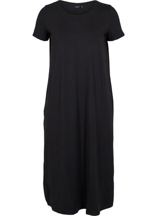 Gestreepte midi-jurk met korte mouwen, Black Solid, Packshot image number 0