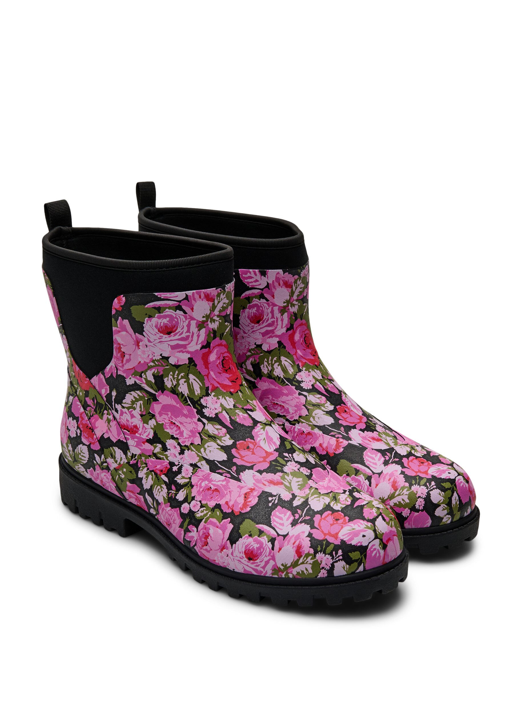 Zizzi Wide fit - Korte regenlaarzen met elastische neopreen schacht, Flower AOP, Packshot image number 1