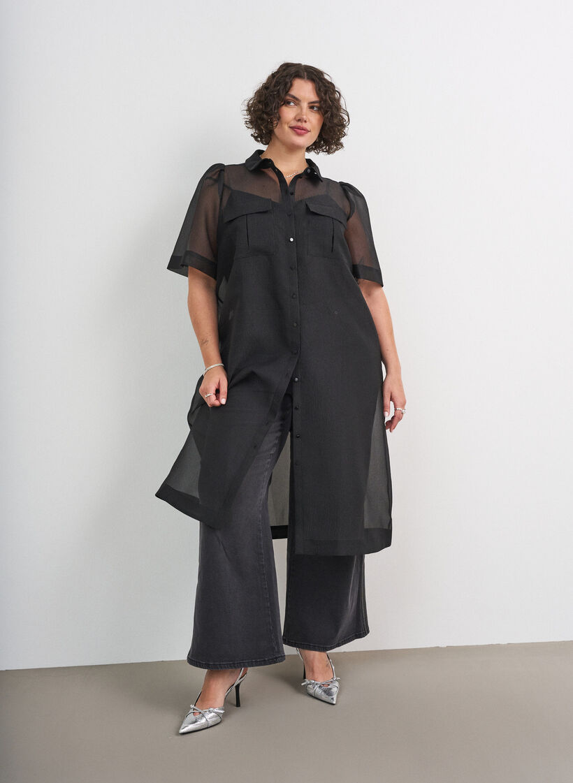 Organza jurk met puffmouwen en borstzakken, Zwart, Model image number 0